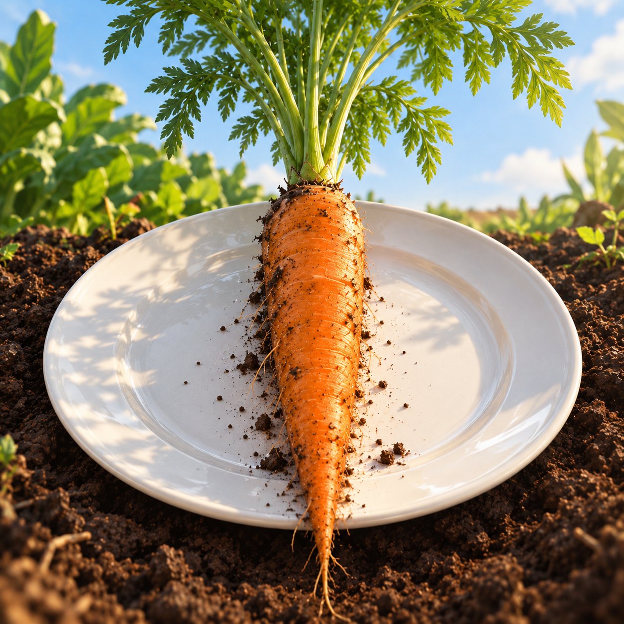 A freshly harvested carrot still dusted with soil, resting on a white ceramic plate set into garden earth.